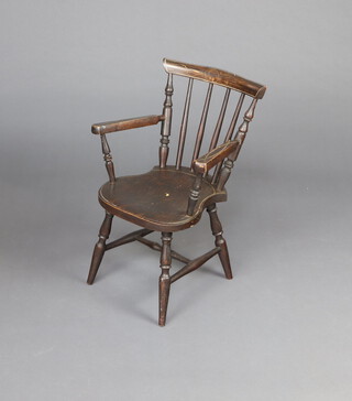 A child's 19th Century painted pine stick and rail back open armchair  with H framed stretcher, on turned supports 62cm h x 33cm w x 35cm d (seat 17cm x 25cm) 