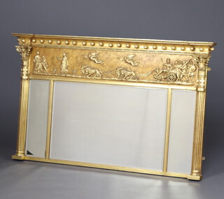 A Regency style triple plate over mantel mirror contained in a ball studded frame with reeded columns to the side 91cm h x 148cm w x 11cm d 