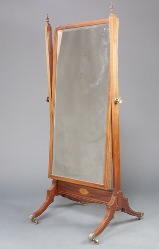 A Victorian bevelled plate cheval mirror contained in an inlaid bleached mahogany frame 154cm h x 68cm w x 60cm d to base 