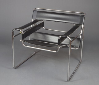 After Marcel Breuer a chrome and black leather wassily style chair stamped "1-9-G Made In Italy" to the leather arm 73cm h x 77cm w x 84cm d (seat 29cm x 28cm) 