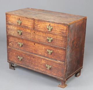 An 18th Century bleached oak chest of 2 short and 3 long drawers with replacement brass drop handles, raised on replacement bracket feet 86cm h x 102cm w x 51cm d 