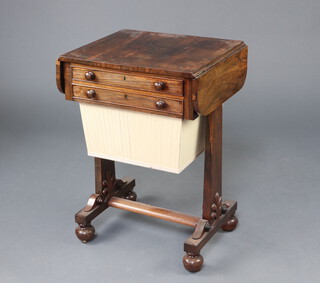 A William IV rectangular rosewood work table fitted a frieze drawer above basket, raised on standard end supports with H framed stretcher 71cm h x 48cm w x 42cm d 