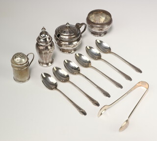 A Victorian silver miniature flour shaker Birmingham 1899, minor condiments and spoons, 177 grams 