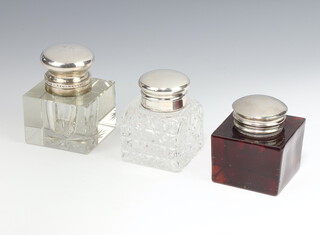 A Victorian style cut glass silver mounted inkwell Birmingham 1993 3cm, a square ditto and a red glass inkwell 