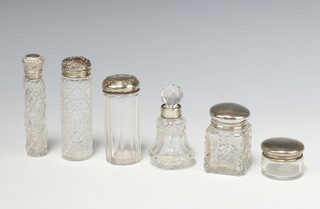 An Edwardian silver mounted cut glass toilet jar and 5 other mounted items 