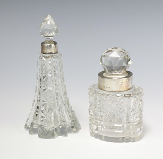 A cut glass silver mounted scent bottle London 1904 13cm, a ditto 17cm 