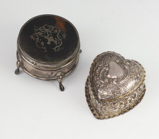 A Victorian repousse silver heart shaped trinket box Chester 1894, an Edwardian silver and tortoiseshell trinket box Birmingham 1907 