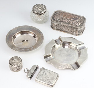 A silver engine turned ashtray, an Armada dish, vesta (a/f), pot, jar and cover and a plated octagonal box, weighable silver 117 grams 