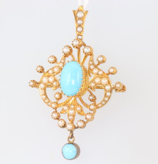 An Edwardian yellow metal turquoise and seed pearl brooch/pendant 5cm x 3.5cm 