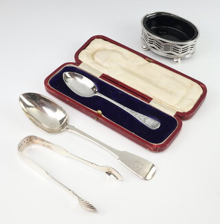 A pair of Victorian silver sugar nips Edinburgh 1891, maker Hamilton and Inches, a dessert spoon, teaspoon, and silver mustard holder 
