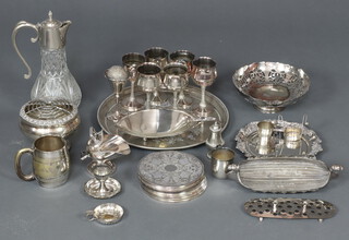 A silver plated bell shaped mug and minor plated wares 