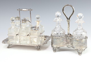 A silver plated Edwardian 6 bottle cruet stand with glass bottles, a ditto 2 bottle plated bottle holder 
