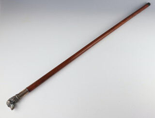 A walking cane with a silver collar, the handle with a hound's head