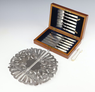 An Edwardian silver plated extending stand, a cased set of fish eaters and a pair of nips