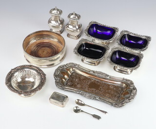 A silver plated candle snuffer, tray and minor plated wares