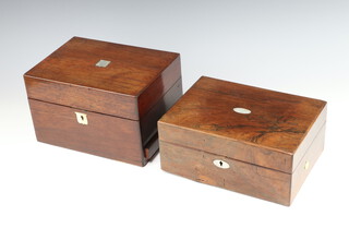 A Victorian mahogany toilet box containing silver plated mounted jars and 1 other rosewood toilet box containing plated mounted bottles 
