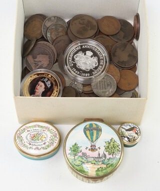 Three Bilson Battersea enamelled pill boxes together with a collection of coinage 