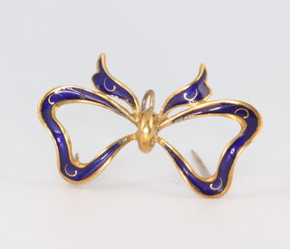 A yellow metal and blue guilloche enamel ribbon brooch 35mm 