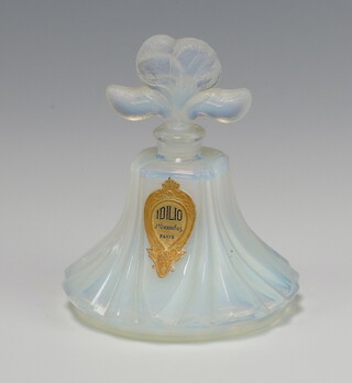 A Sabino style opalescent bell shaped scent bottle with floral stopper, impressed marks. no.375, bearing original label Idilio Paris 10cm 