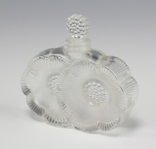 A modern Lalique Deux Fleurs scent bottle and stopper with etched lower case marks lalique france 9cm 