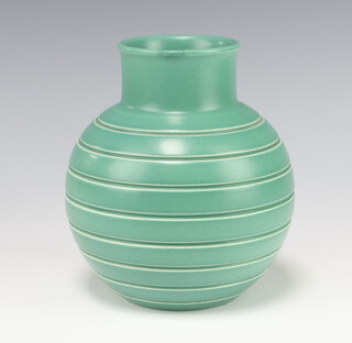 A Keith Murray Wedgwood mid-green ribbed baluster vase 14cm 