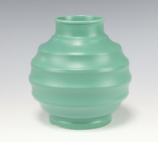 A Keith Murray Wedgwood mid-green deep ribbed vase 16cm 