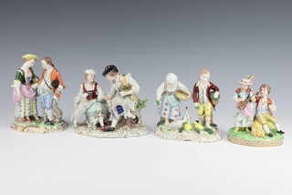 A Dresden group of a boy and girl 12cm, ditto of a lady and gentleman holding flowers 15cm, ditto couple holding flowers 15cm another of a boy and girl feeding geese 13cm and a German group of a shepherd and shepherdess 13cm 