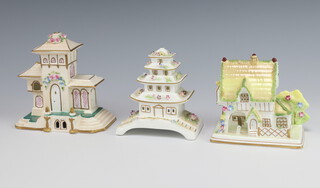 Three Coalport pastel burners - Pagoda House 10cm, The Villa 12cm and The Masters House 10cm 
