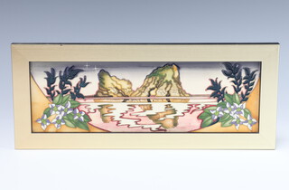 A modern Moorcroft panel decorated the Farewell Beach pattern, dated 2012, 32cm framed 
