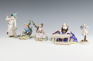 A Capodimonte figure of a Pierrot (a/f) 15cm, 2 ditto figures of a seated girl and boy, Continental figure of a lady playing a piano forte 11cm and a German figure of a standing gentleman 11cm  