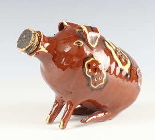 A slipware flask in the form of a standing pig with cork stopper 15cm 