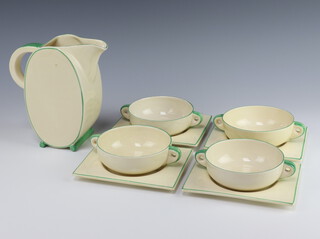 An Art Deco Biarritz Royal Staffordshire jug, 4 two handled bowls and 4 rectangular saucers 