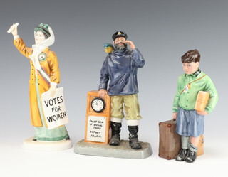 Three Royal Doulton figures - All Aboard HN2940 23cm, The Boy Evacuee HN3202 20cm and Votes for Women HN2816 25cm 