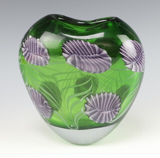 A Murano style green glass flower vase decorated with leaves 20cm