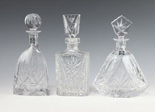 A Thomas Webb Crystal glass triangular decanter and stopper 27cm, an Art Deco style ditto 26cm and a rectangular decanter and stopper 26cm (chipped) 