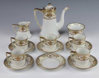 An Art Deco Noritake part coffee service comprising coffee pot, milk jug, sugar bowl, 5 coffee cans, 6 saucers with gilt floral decoration 
