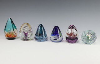 Six Caithness glass paperweights - Diamond Wedding Bouquet designed by Helen MacDonald and Alan Scott no.31 of 60 10cm, From the Ashes by Helen MacDonald no.35 of 150 13cm, Rhythm  by Alastair MacIntosh 9cm, Moonflower Echoes by Colin Terris 10cm, Netted by Helen McDonald 9cm and Lucy in the Sky by Gordon Hendry no.12 of 250 10cm, all boxed  