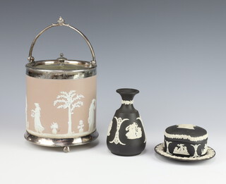A Wedgwood Jasperware silver plated mounted biscuit barrel, a trinket box, vase and dish 
