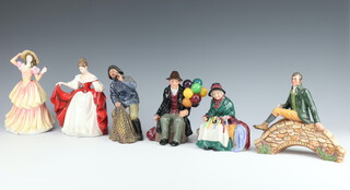 Six Royal Doulton figures - Susan HN4230 22cm, Sea Harvest HN2257 19cm, Robert Burns HN3641 18cm, Sarah HN2265 19cm, The Balloon Man HN1954 18cm and Silks and Ribbons HN2017 15cm  