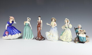 Six Royal Doulton figures - Emily HN3688 20cm, Nanny HN2221 16cm, Figure of the Year Mary HN3375 20cm, Grand Manner HN2723 19cm, Eleanor HN4463 20cm and Lisa Brown HN5261 21cm 
