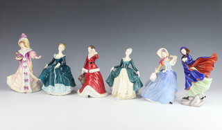 Six Royal Doulton figures - Winters Day HN3769 20cm, Regal Lady HN2709 19cm, Lily HN3626 22cm, Autumn Breezes HN3736 19cm, May HN2746 22cm, Janine HN2461 20cm 