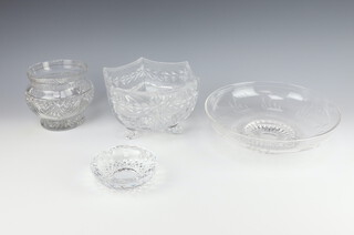 A cut glass pedestal bowl, 2 others and a Waterford ashtray