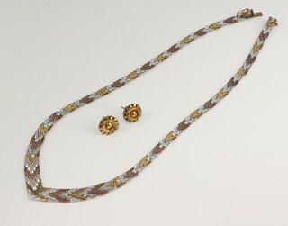 A silver gilt flat link necklace, a pair of ear studs 