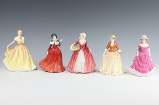 Five Royal Doulton figures - Pretty Ladies HN5268 17cm, Summer Breeze HN4587 15cm, Autumn Stroll HN4588 15cm, Winters Day HN4589 16cm and Janet HN1537 16cm 