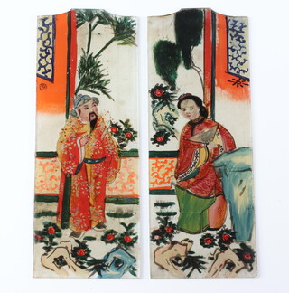 Two panels of Chinese reverse glass paintings depicting a lady and a gentleman 21cm 