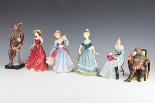Six Royal Doulton figures - The Foaming Quart HN2162 15cm, Jester HN2016 24cm, Figure of The Year Amy HN3316 21cm, Dorothy HN3098 18cm, Christine HN4307 20cm and Clarinda HN2724 21cm 