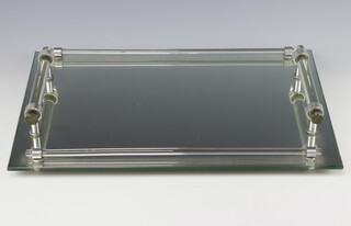 An Art Deco rectangular mirrored glass twin handled tea tray with batons to the side 9cm x 45cm w x 30cm (slight chip to 1 edge)