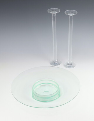 A circular Art Glass pedestal bowl 35cm diam. together with a pair of Art Glass candlesticks on circular bases 34cm h 