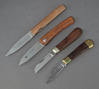 A Perceval folding pocket knife with 9cm blade and wooden grip, a Le Lozere French folding pocket knife with 8cm blade and wooden grip, a TW Ablett folding pocket knife with 7cm blade wooden and brass grip and a Wright & Sons folding knife with 7cm blade marked A Wright, wooden grip  