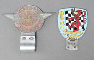 A BARC enamelled radiator badge no. M305, the back marked Marples and Beasley Birmingham (chips to enamel), together with a Wimbledon Speedway radiator badge 